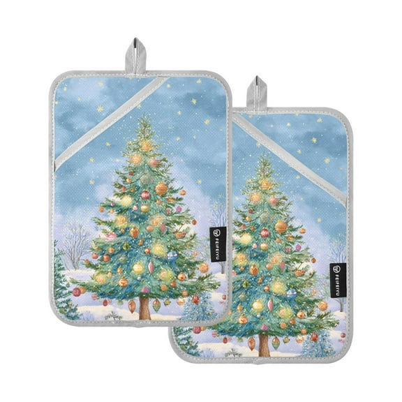 Snowy Day Whimsical Christmas Tree Potholders Heat Resistant Pot Holder Set of 2 Oven Hot Pads with Pocket