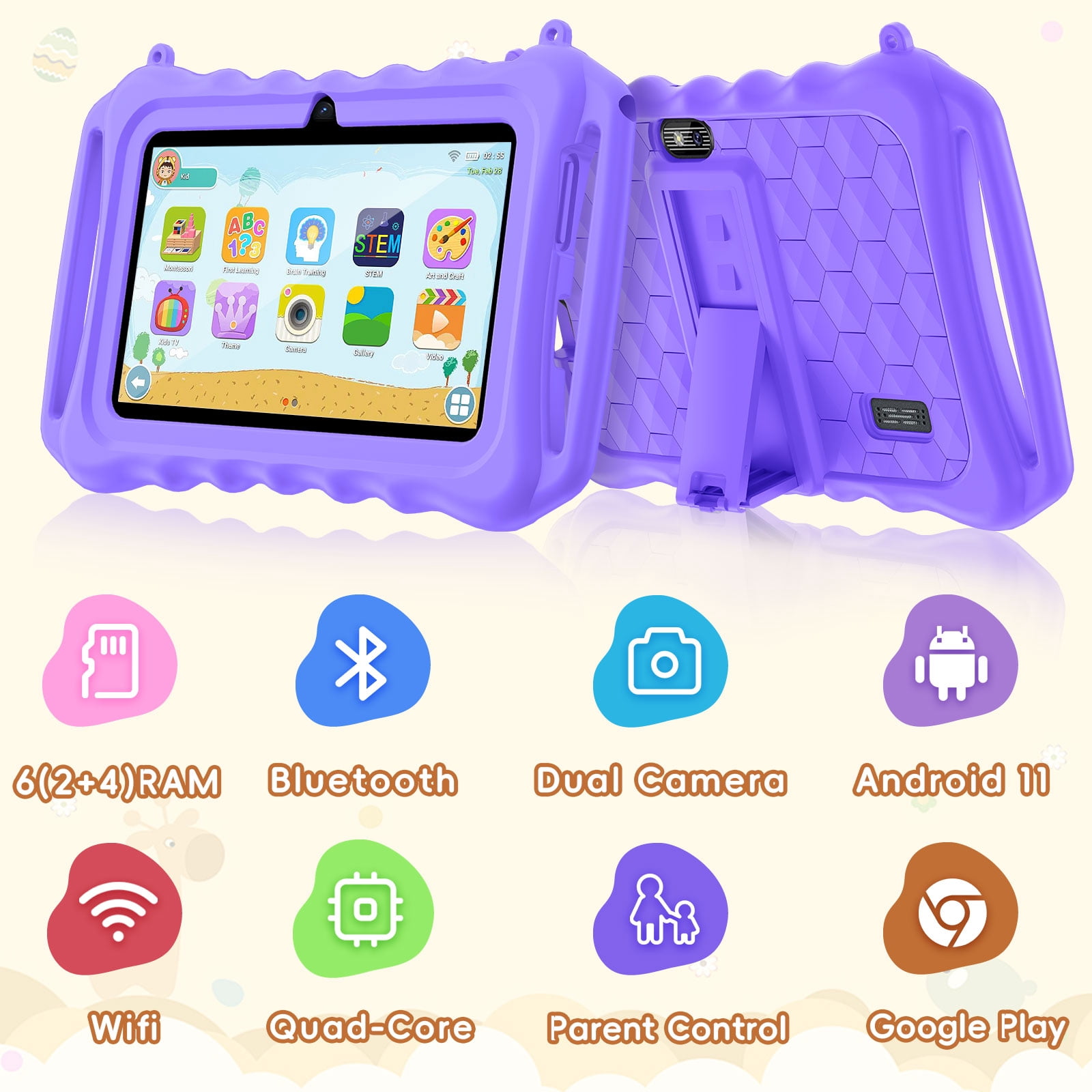 Kids Tablet, 7 inch Android 11 Tablet for Kids, 6(2+4) GB RAM 32GB ROM, Toddler Tablet with Bluetooth, GPS,WiFi,Parental Control, Dual Camera,Shockproof Case,Kids App Pre-Installed
