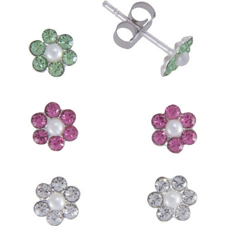 Girls' Pink, Clear and Green Crystal Sterling Silver Flower Stud Earrings Set