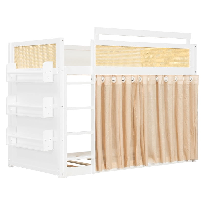 Twin Size Bunk Bed with 3-Tier Storage Shelf, Rattan-Style Design, Privacy Curtains and Built-In Light Strip, Modern Wood Twin Over Twin Bunk Bed Frame with Ladder for Kids Teens