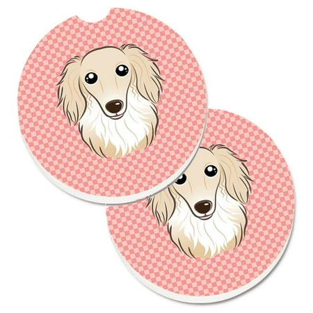 

Checkerboard Pink Longhair Creme Dachshund Set of 2 Cup Holder Car Coaster