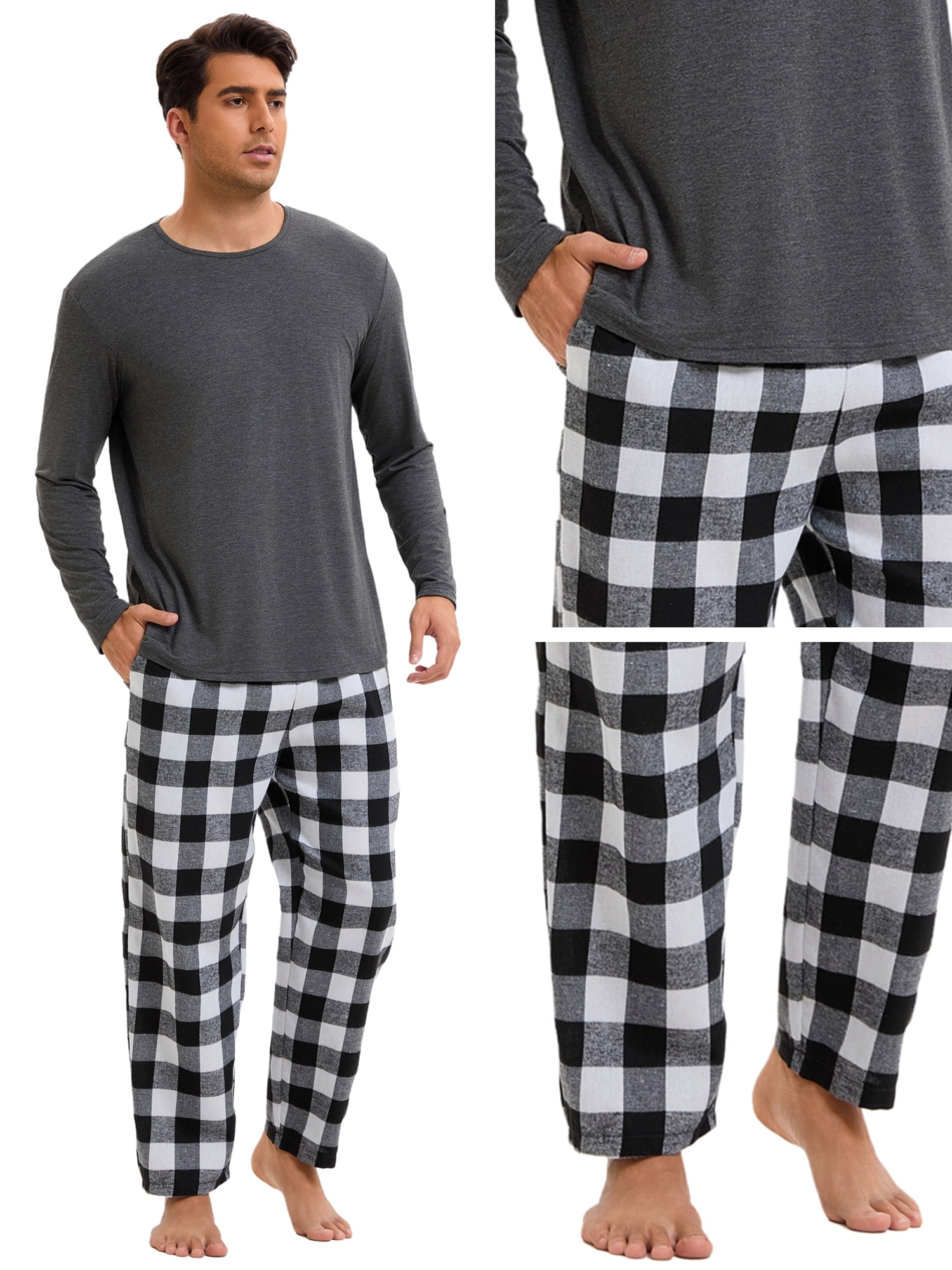 DARING DIVA Men's 2-Piece Long Sleeve Solid Nightwear Plaid Pants Set XL Black White
