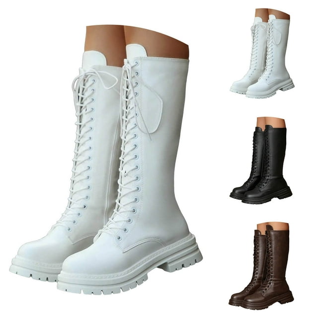Dakaela Knee High Boots Women Platform Lace up Combat Wide Calf Booties Non Slip Punk Goth Motorcycle Riding Boots Black Size 7
