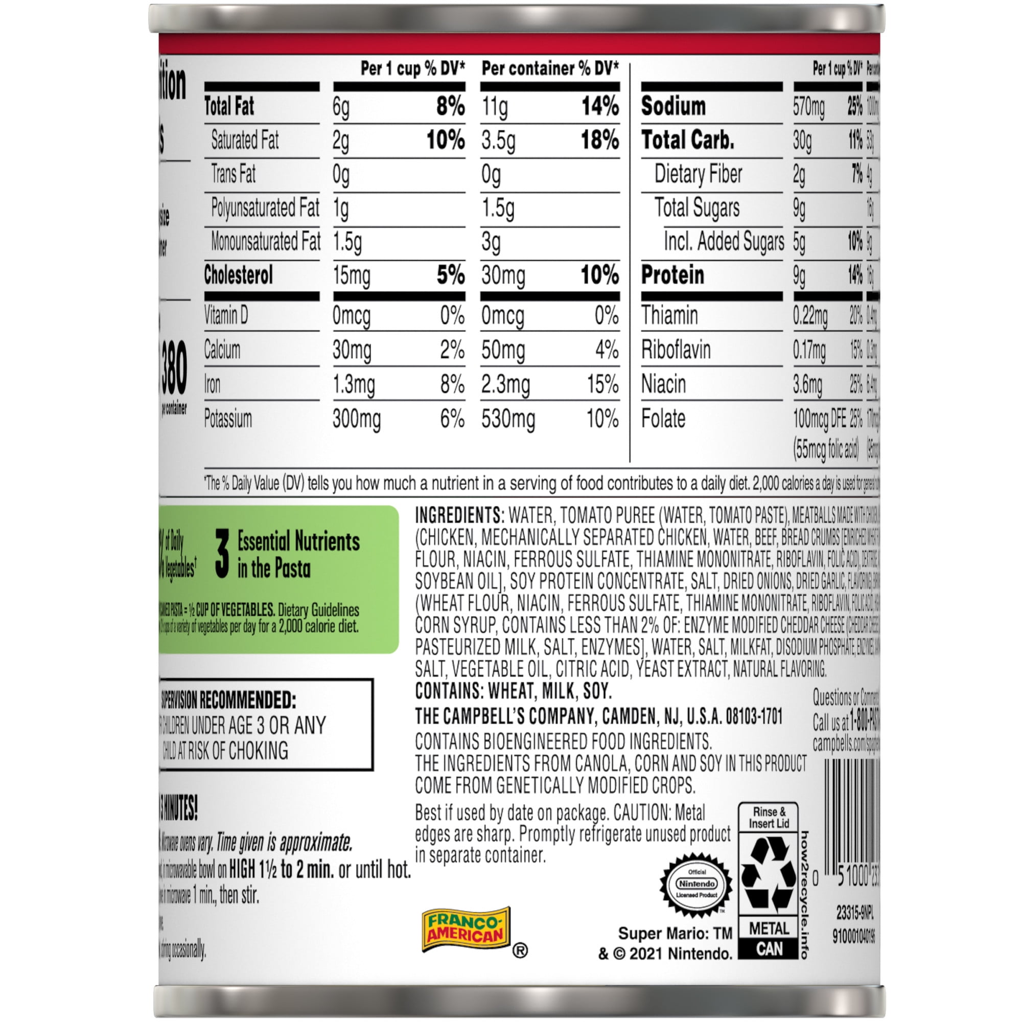 (6 pack) SpaghettiOs Super Mario Bros Canned Pasta with Meatballs, 15.6 oz Can
