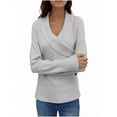 thumbnail image 3 of Women's Ruched V-Neck Wrap Sweater, Criss Cross Long Sleeve Knit Pullover Top with Button for Fall Gray XL, 3 of 5