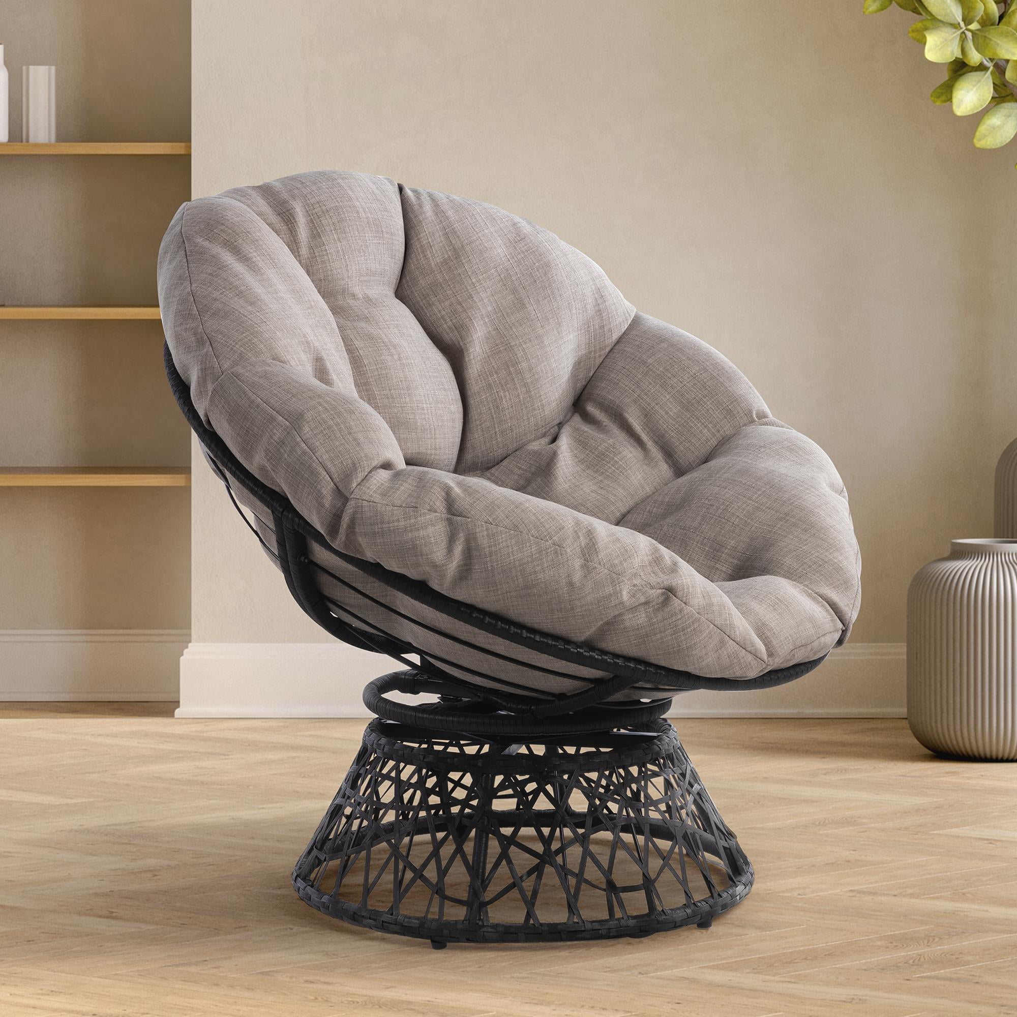 Bme Papasan Chair with Fabric Cushion, Metal Swivel Base, Sterling Fog - Black Frame
