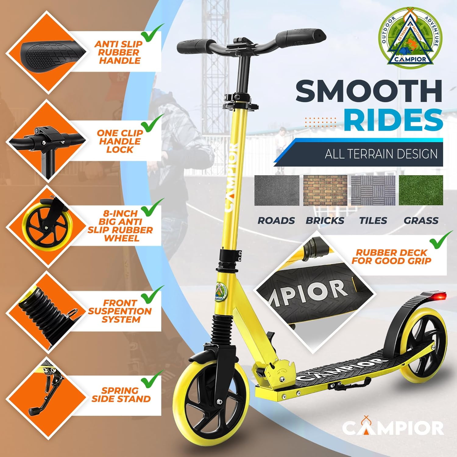 Campior Kick Scooter for Ages 6+, For Kids, Teens, and Adults, Max Load 240 LBS, Foldable, 8-inch Big Wheels for Kids and Adults, With Kickstand, 3 Adjustable Levels, Child Safety Approved, Yellow