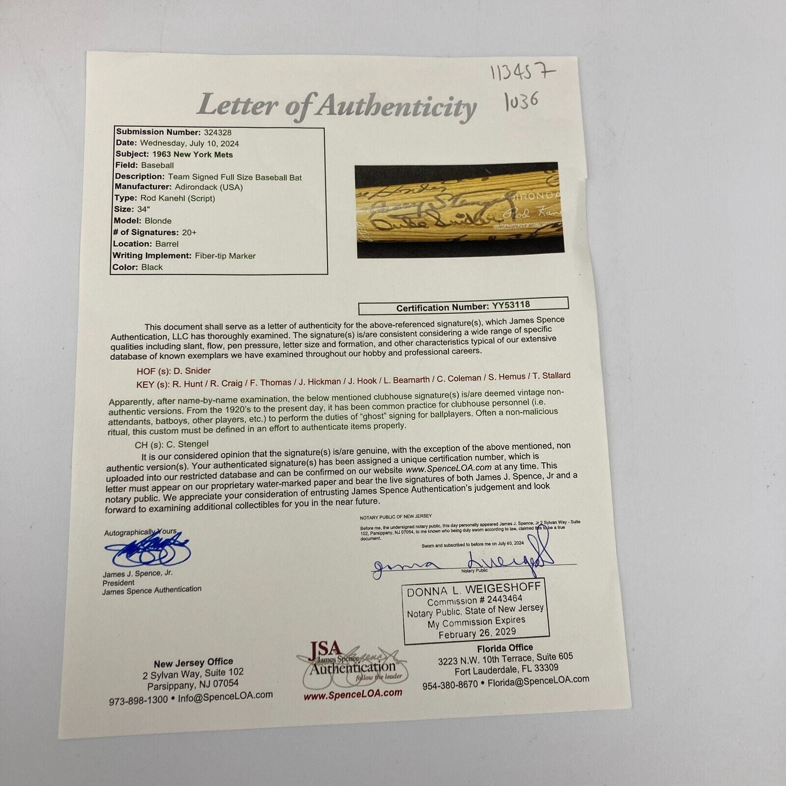 1963 New York Mets Team Signed Game Issued Baseball Bat 20+ Sigs JSA COA