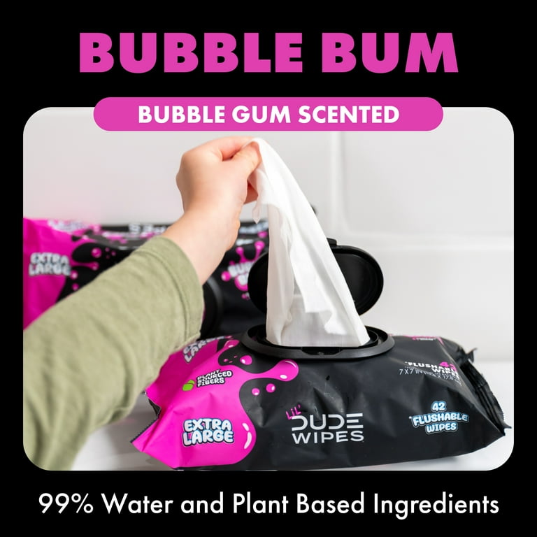 LiL' DUDE Wipes, Extra Large Bubble Bum Flushable Wet Wipes for Kids, Bubble Gum Scent, 42 Count, 1 Pack (Select for More Options)