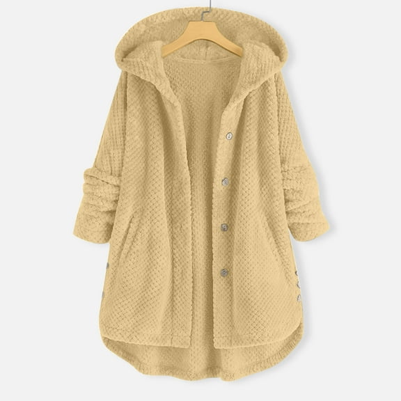 FAOWME Women's Fuzzy Hooded Coat With Pockets Long Sleeve Solid Color Buttons Comfortable Fashion Jacket For Autumn Winter Daily Wear,Beige,L