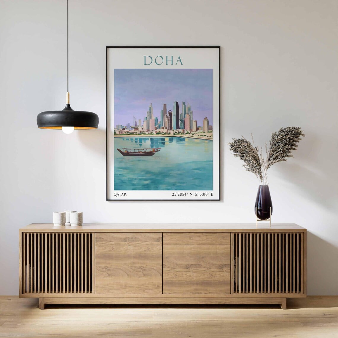 Doha Qatar Skyline Travel Poster For Modern Middle Eastern City Decor