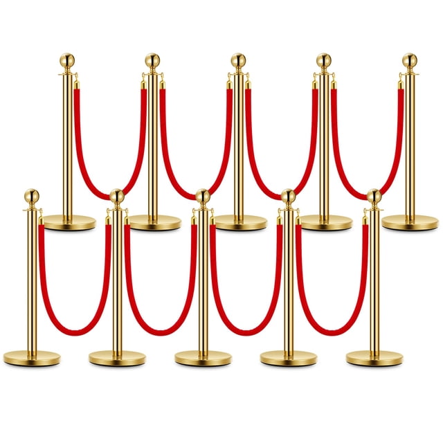 Towallmark Gold Stanchion Posts with Red Suede Rope – Luxury Crowd Control Barriers for VIP Events, Museums, Hotels & Red Carpet Entrances – 10-Pack | 8 Soft Cords