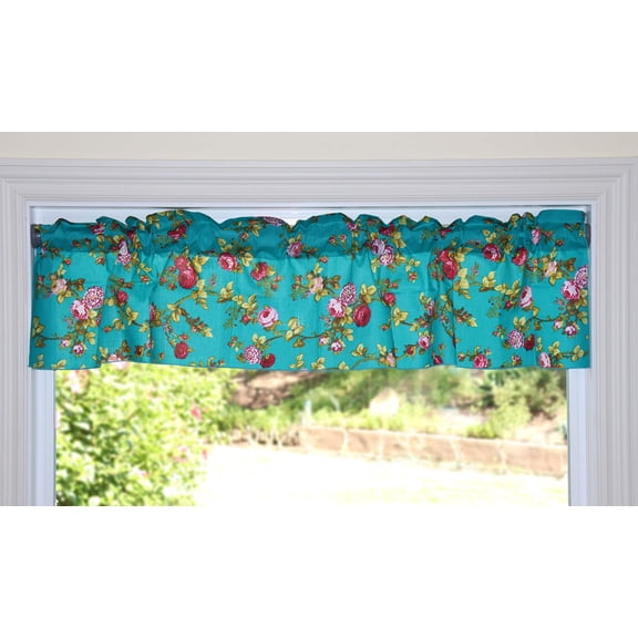 Cotton Window Valance Floral Print 58 Inch Wide Vintage Floral Large Roses Teal