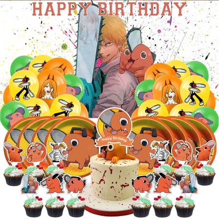 Pochita Birthday Party Supplies Balloons Paper Plates Decoration Cake Topper Decor Tableware Banner Backdrop