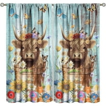 Rustic Cow Curtains for Kitchen, Vintage Wood Paneling Rustic Farmhouse Cabin Highland Cow Floral Butterfly Print Blackout Rod Pocket Window Treatments Drapes for Bedroom Living Room 84"W X 84"L