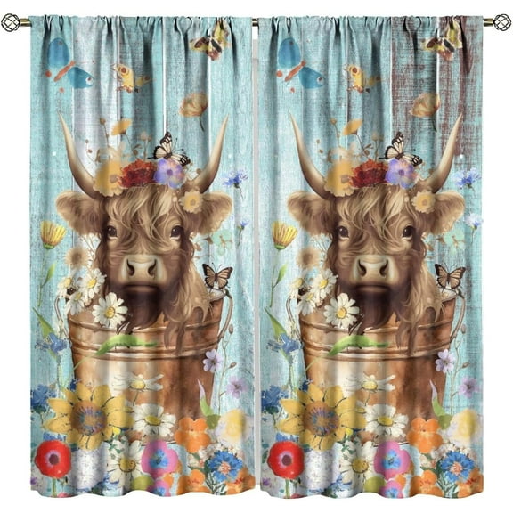 Rustic Cow Curtains for Kitchen, Vintage Wood Paneling Rustic Farmhouse Cabin Highland Cow Floral Butterfly Print Blackout Rod Pocket Window Treatments Drapes for Bedroom Living Room 84"W X 84"L