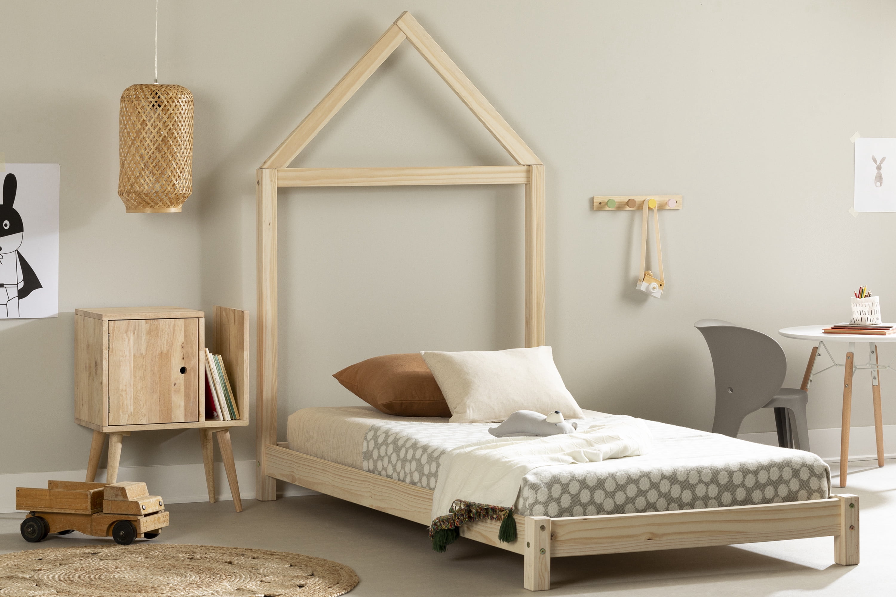 South Shore Sweedi, Scandinavian Twin Bed with House Frame Headboard, Natural