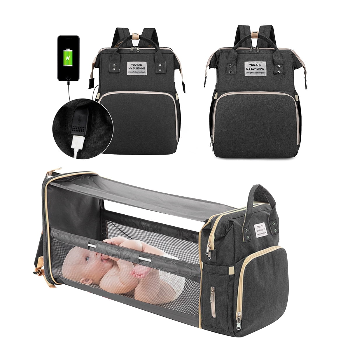 Diaper Bag Backpack Baby Bag with Changing Station Large Capacity Baby Diaper Bag with Insulation Milk Bottle Pocket Multifunction Travel Back Pack with USB Charging Port Foldable Crib Waterproof