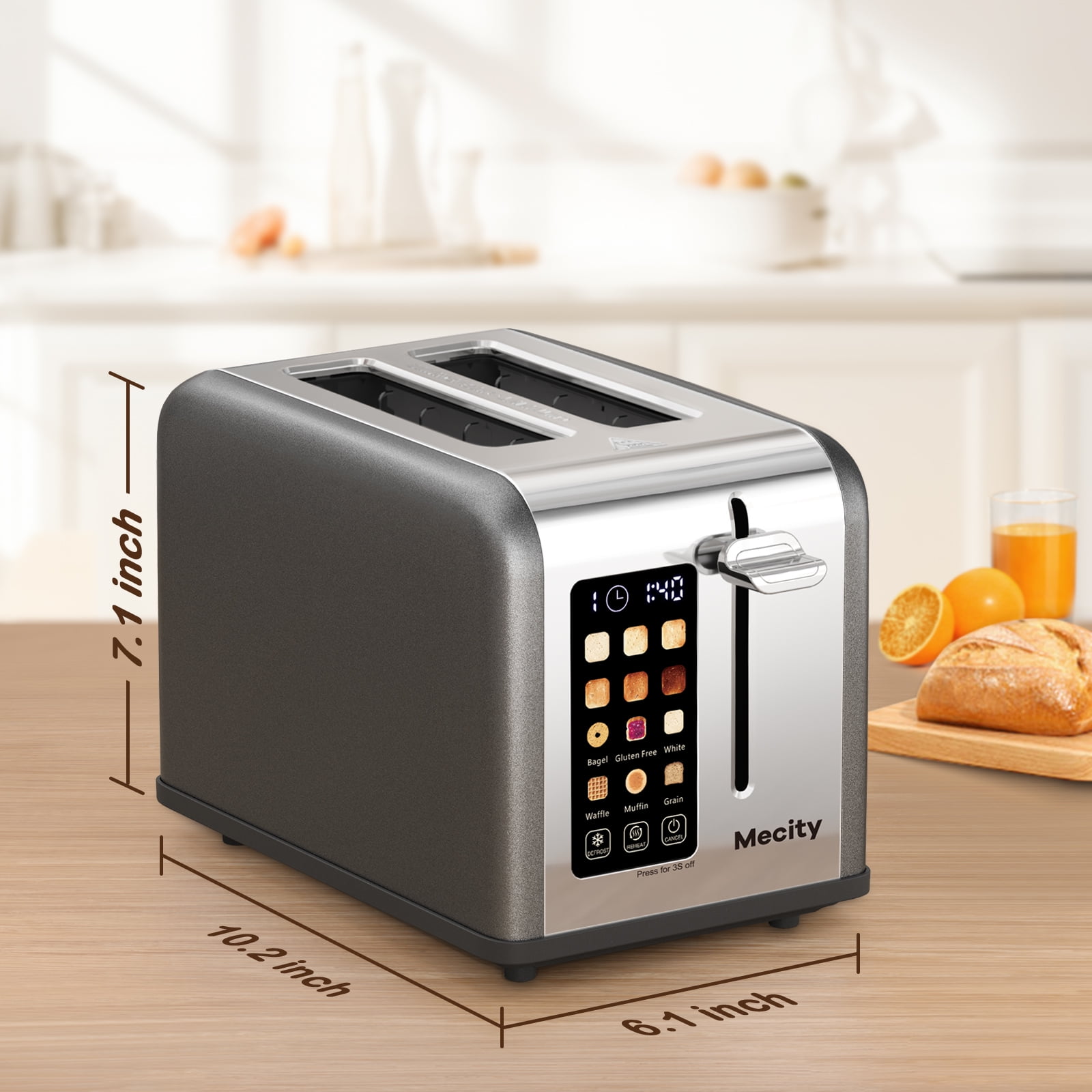 Mecity 2-Slice Touchscreen Toaster with Stainless Steel Casing, 6 Shade Settings, Wide Slots, 120V, Countdown Timer, Gray