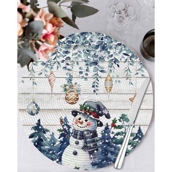 13 Inch Round Placemats Set of 6, Blue Snowman Christmas Non Slip Heat Insulation PP Table Mats, Xmas Snowflake Eucalyptus Leaves Wooden Washable Place Mats for Kitchen Dining Party Table Decor