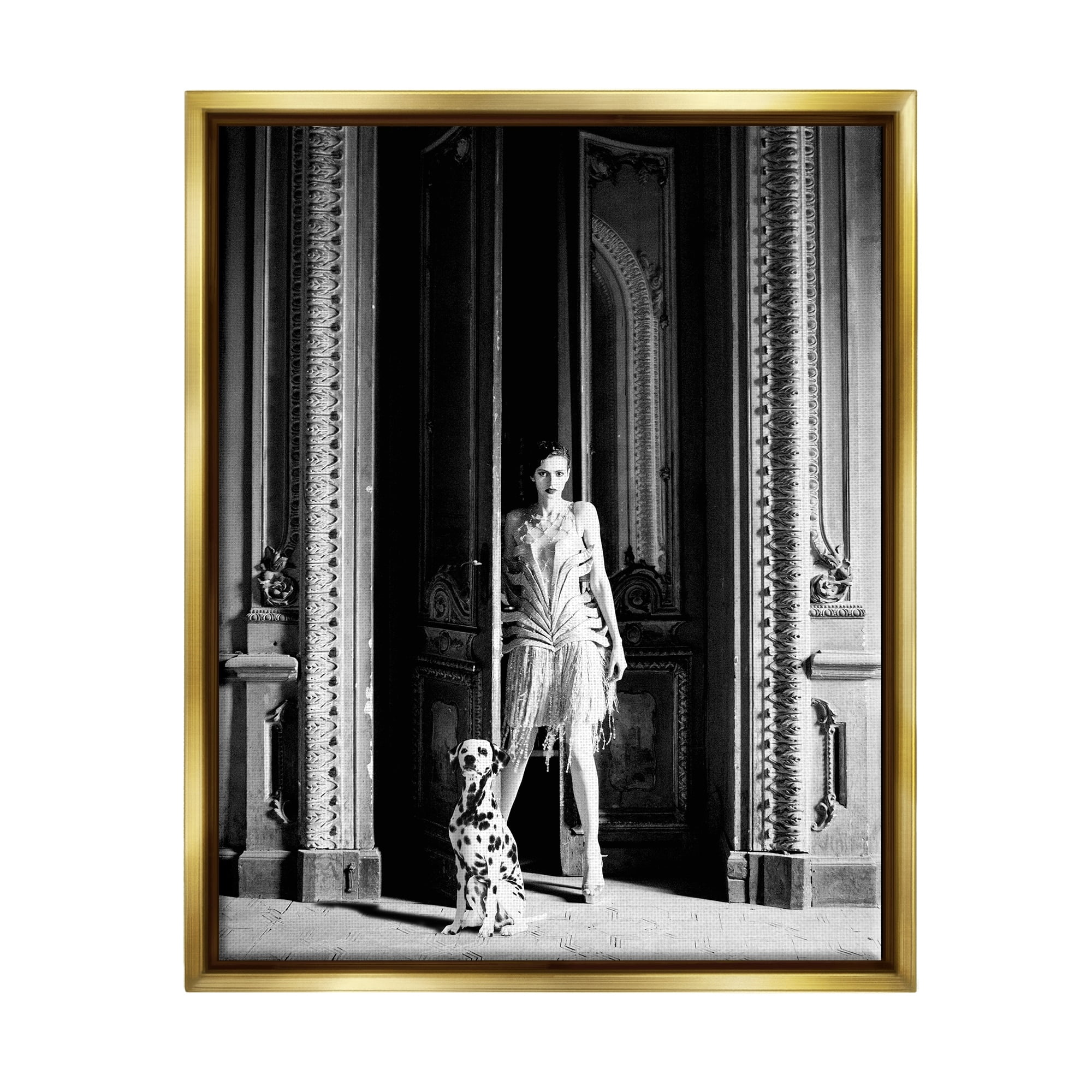 Stupell Industries Upscale Fashion Woman Dalmatian Dog Ornate Building Photograph Metallic Gold Floating Framed Canvas Print Wall Art, Design by Leah Straatsma