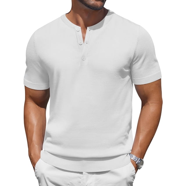 Camisa Henley COOFANDY de punto casual de manga corta para hombre, blanca
