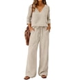 thumbnail image 2 of Lekode Womens Linen Set Solid Blouses Tops Summer Vacation Clothes Matching Wide Leg Lounge Pants V Neck Two Piece Sets for Women Linen Pants Set Casual Loungewear Simple 2 Piece Set Beige Xl, 2 of 7
