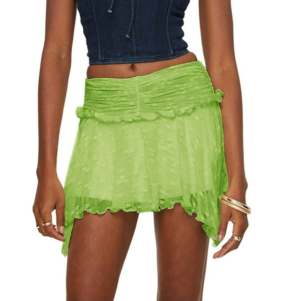 Falda mini de encaje con cintura baja para mujer, con volantes, plisada y fluida - Poliéster, S-L