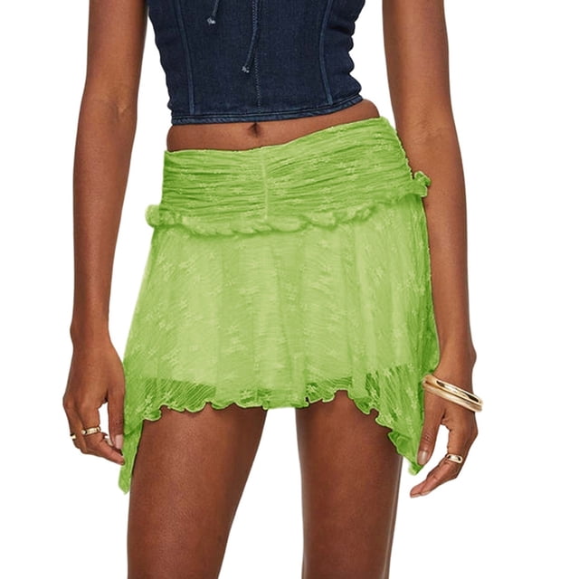 Falda mini de encaje con cintura baja para mujer, con volantes, plisada y fluida - Poliéster, S-L