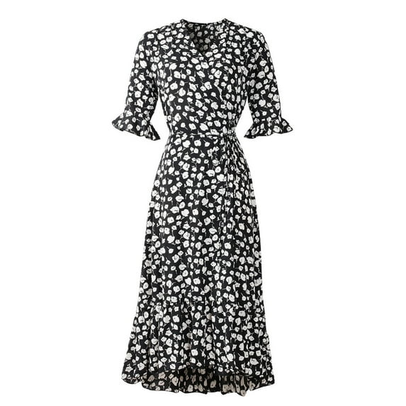 Liacowi Women Midi Dress Short Sleeve V-neck Flower Print Elegant Summer Casual Party Dress