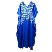 Mogul Women Aqua Blue Kaftan Maxi Dress Boho Loose Silk Floral Embroidered Resort Wear Cover Up Housedress 4XL