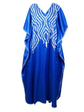 Mogul Women Aqua Blue Kaftan Maxi Dress Boho Loose Silk Floral Embroidered Resort Wear Cover Up Housedress 4XL