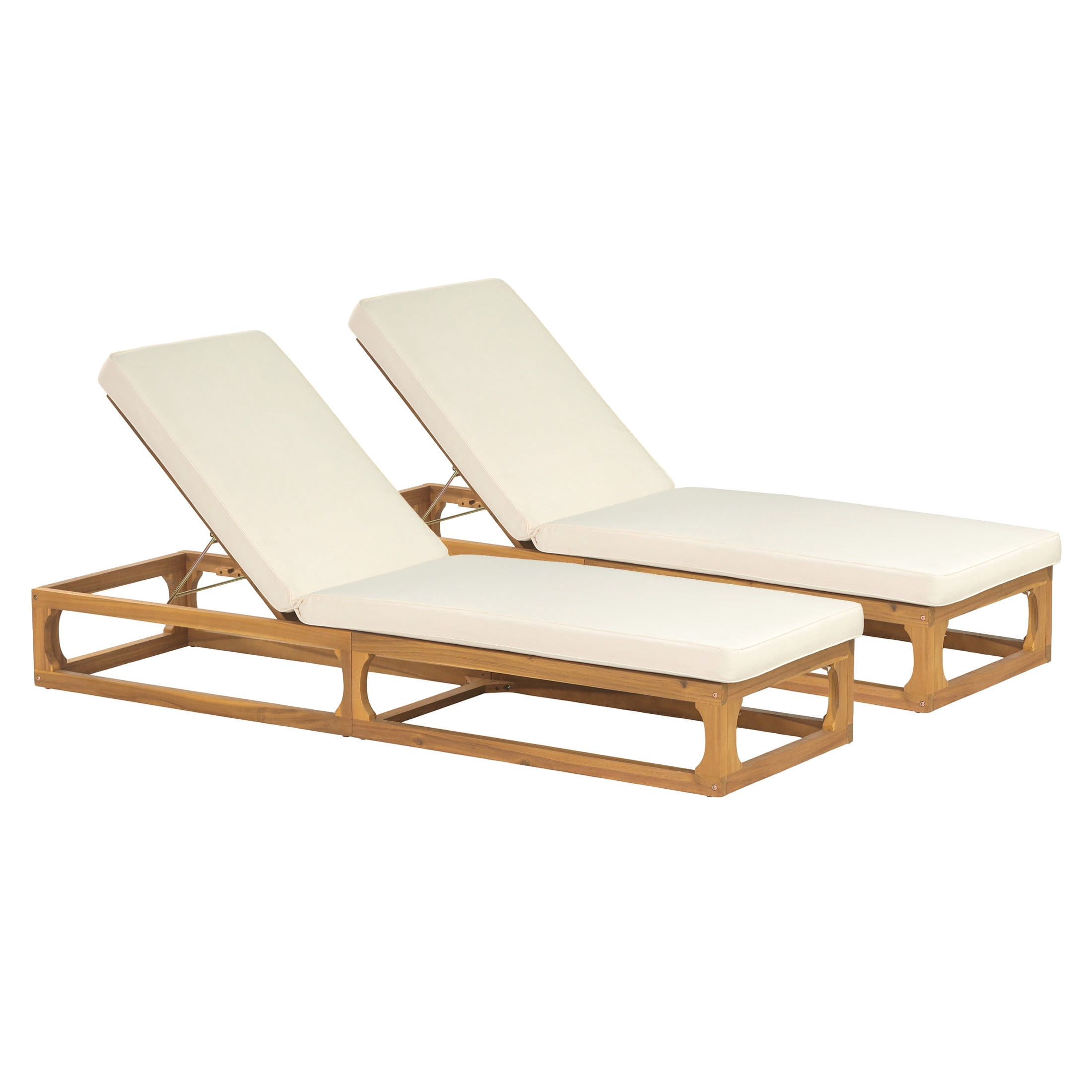 Christopher Knight Home Acacia Wood Outdoor Chaise Lounge with Cushion, Adjustable Backrest, Natural+Beige, Set of 2