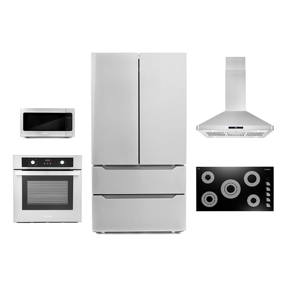 Cosmo 5 Piece Kitchen Appliance Package With 30" Electric Cooktop 24" Single Electric Wall Oven 30" Over-the-range Microwave & French Door Refrigerator