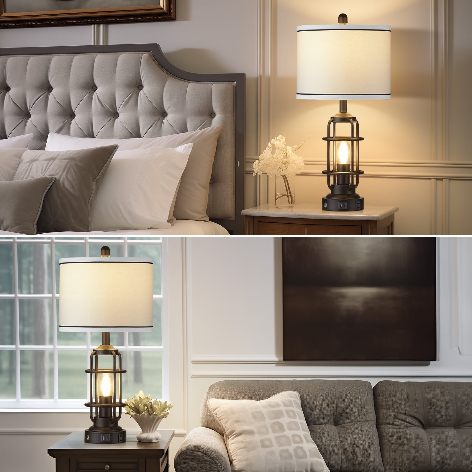 Cinkeda Modern Table Lamp for Living Room Bedroom Single Industrial 3 Way Dimmable Touch Control Bedside Lamp with USB C+A Ports AC Outlet Nightlight