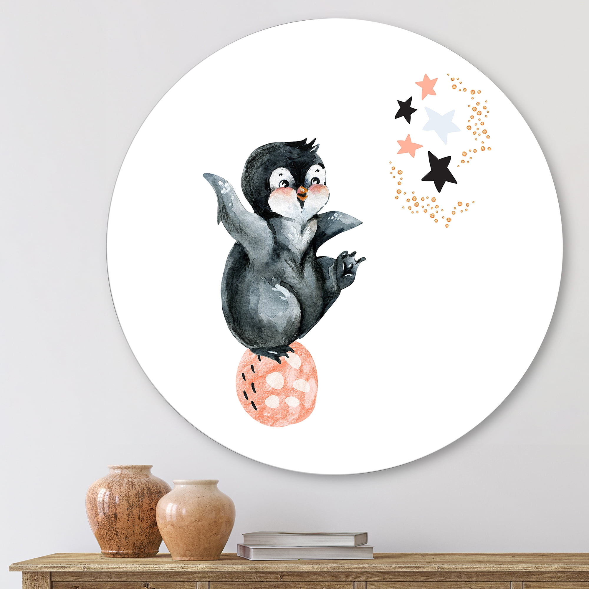 Designart 'Little Penguin With Planets and Stars II' Farmhouse Circle Metal Wall Art 23x23 - Disc of 23