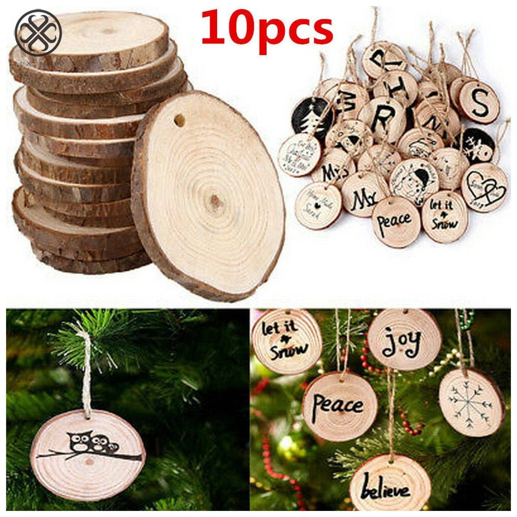 10pcs Round/Heart Shape Wooden Ornaments Unfinished Wood Slices With Holes DIY 