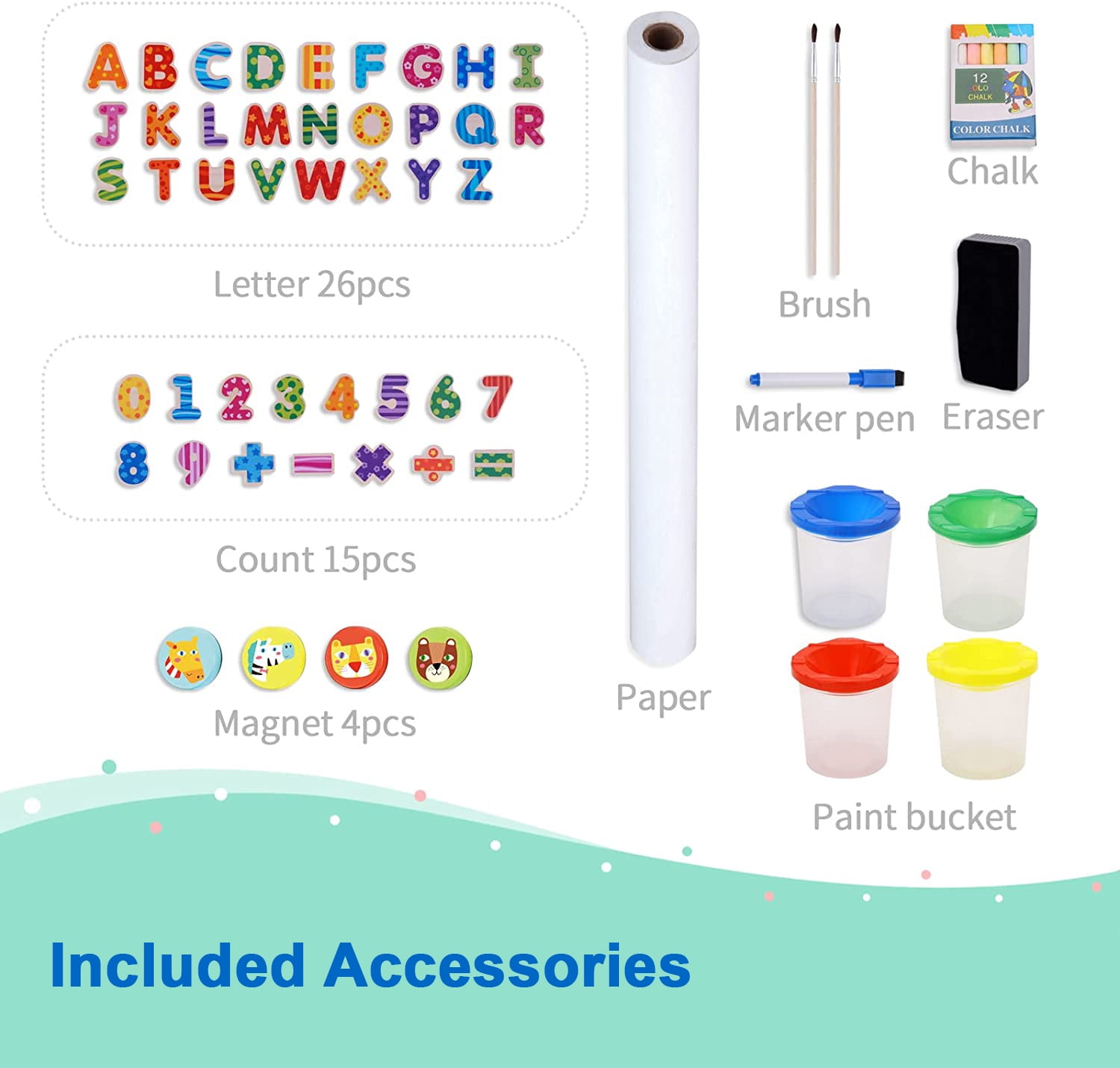 TOOKYLAND Wooden Easel for Kids - Adjustable Height Stand with Magnetic Whiteboard, Chalkboard, Paper Roll, Magnets, Drawing and Painting Accessories; Arts & Crafts Toy for 3 Year Old +