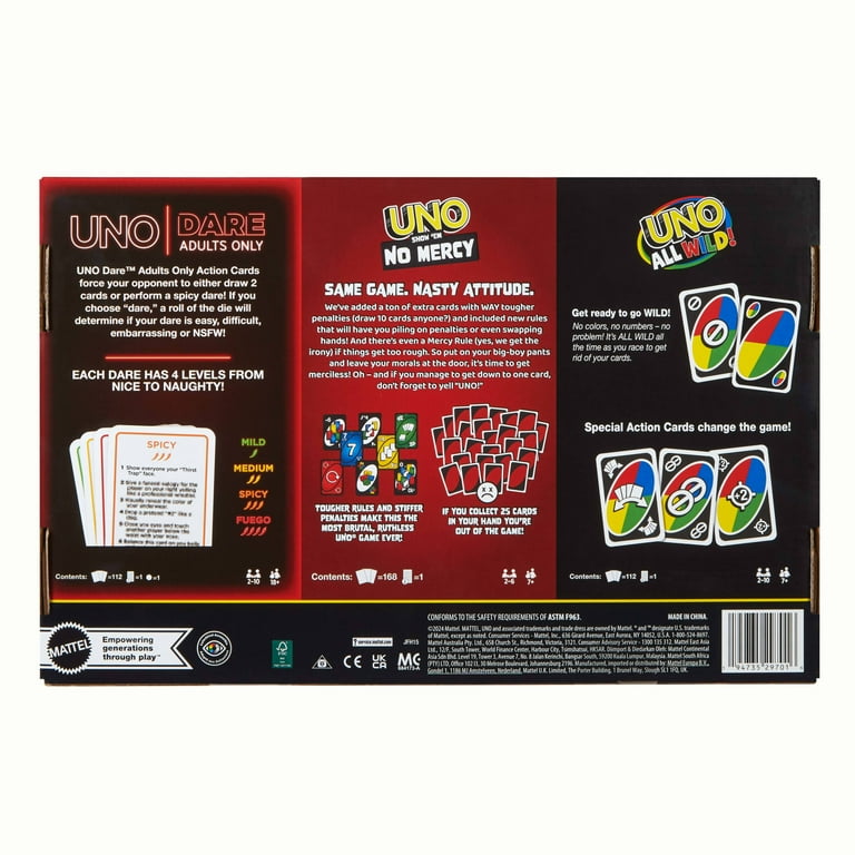 UNO All Wild, UNO Show 'em No Mercy, UNO Dare Adults Only 3 Card Game Bundle  for Adults & Parties - Walmart.com