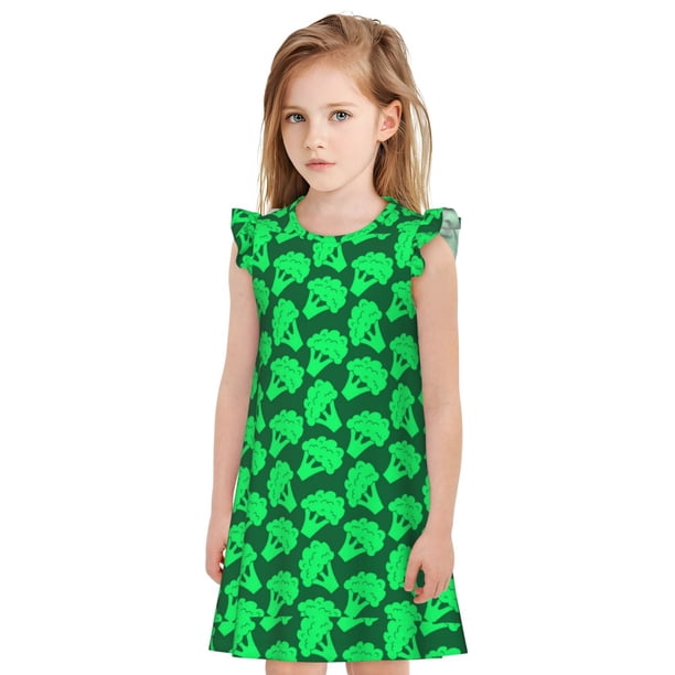 Balery Green Broccoli Camisón de princesa para niñas, pijama de algodón con mangas abullonadas, suave y bonito.-Large