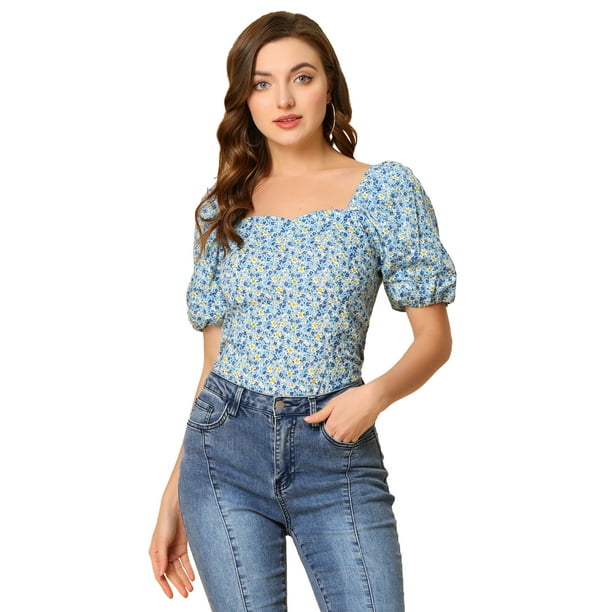 Tops Florales Estilo Campesino Con Mangas Abullonadas Y Cuello En Forma De Corazón De Pradera Para Mujer Azul M