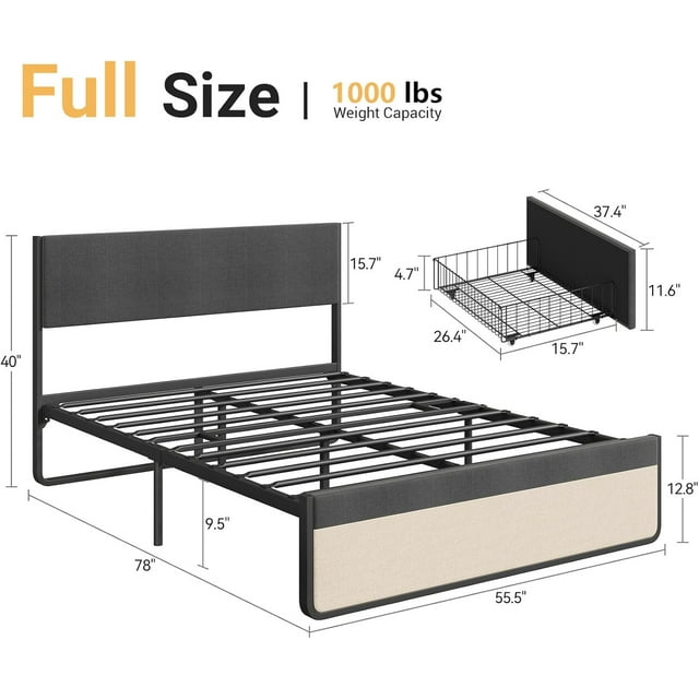Platform Bed Frame with Headboard & 2 Storage Drawers - Metal Slat Support, No Box Spring Needed, Easy Assembly, Grey Linen