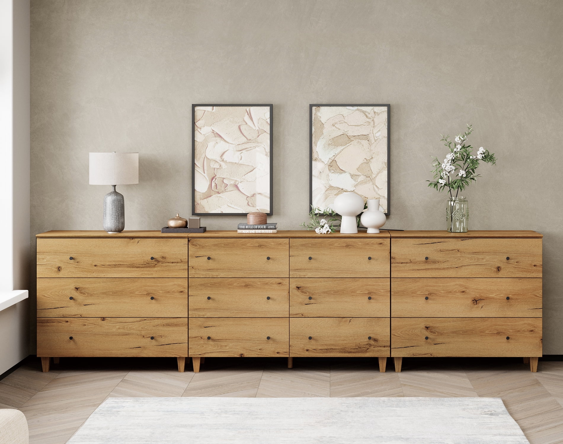 WAMPAT 12 Drawers Modern Wood Dresser for Bedroom, Modern Chest of Drawer, 118" Wide, Oak Brown Wood Finish