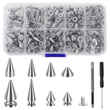 Silver Cone Spikes Set, Assorted Sizes for Punk Clothing DIY Crafts and Leather Crafting, 359Pcs