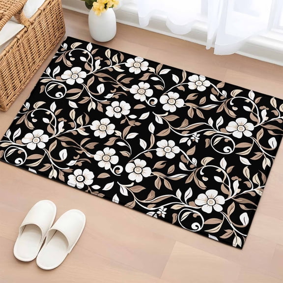 2x3 Ft Entryway Area Rug, Black White Floral Kitchen Rug Runner Washable Floor Mat, Farmhouse Vintage Botanical Leaves Non Slip Indoor Door Mat Throw Carpet for Bathroom Living Room Bedroom