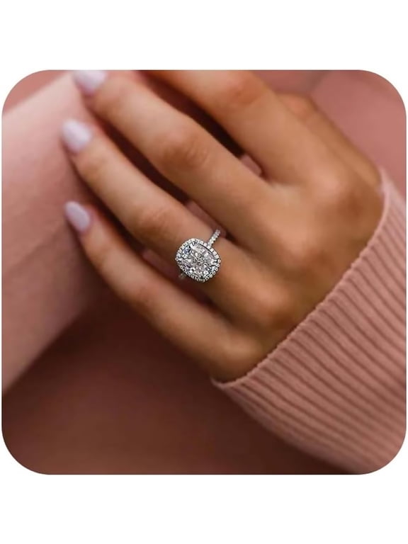 Shiny Cushion Cut 3ct Cubic Zirconia CZ Platinum Plated Halo Ring for Women Love Eternity Oval Solitaire Engagement Promise Thin Band CZ Crystal Square Anniversary Simulated Diamond Ring for Her
