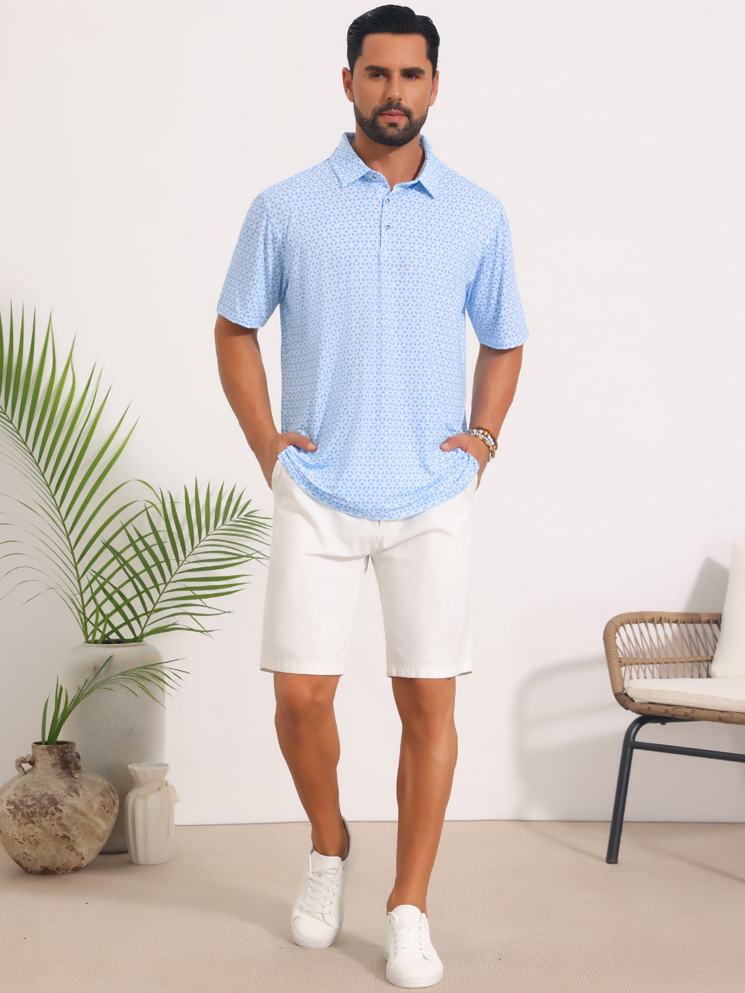 DARING DIVA Men's Printed Short Sleeve Lightweight Breathable Polo Shirts M Light Blue