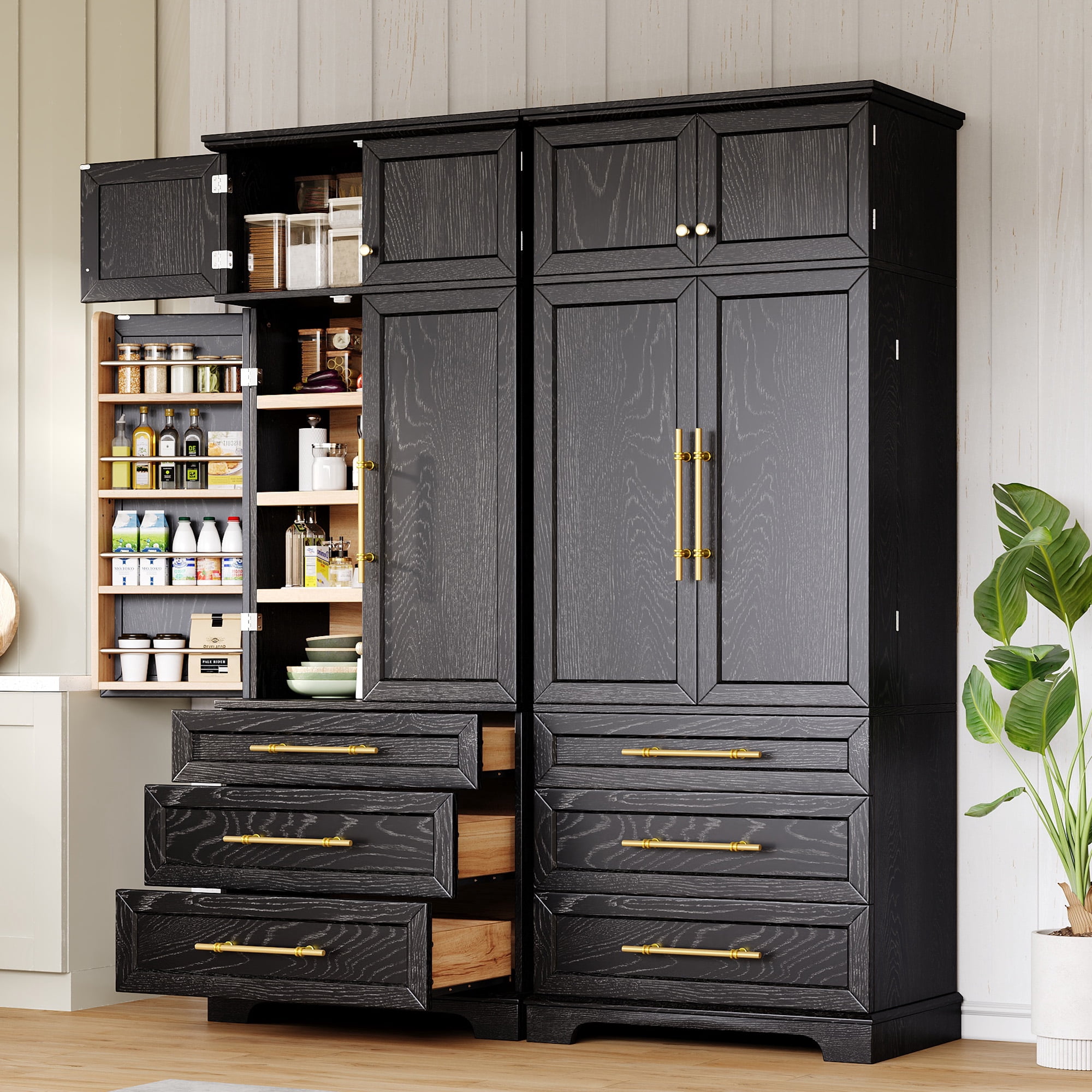 Mintazer 78" Tall Farmhouse Pantry Cabinet with Adjustable Shelves & Door Shelves, Freestanding Storage Cabinet with 3 Large Drawers & Gold Hardware for Kitchen Dining Room Living Room, Black