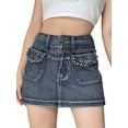 thumbnail image 1 of Arvbitana Women's Mini Denim Skirts, Fashion Rhinestone High Waist Flap Pocket Short Jean Skirts, 1 of 9