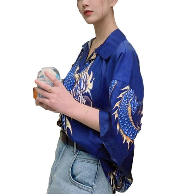 pitrice Hawaiian Beach Shirt Buttoned Short Sleeve Simple Dragon Pattern Top Breathable Ethnic Style T-shirt Outdoor Holiday Blue XL